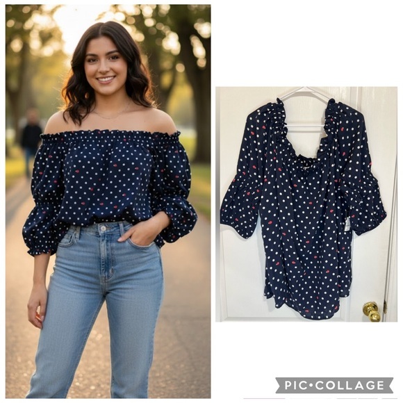 crown & ivy Tops - Crown & Ivy Navy Polka Dot with lady bugs Blouse size 3X